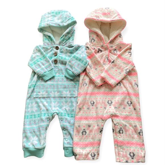CARTER'S Baby Girl 3 Months Fleece Hooded Jumpsuit Bodysuit Lot of 2 Winter Warm - Picture 1 of 4